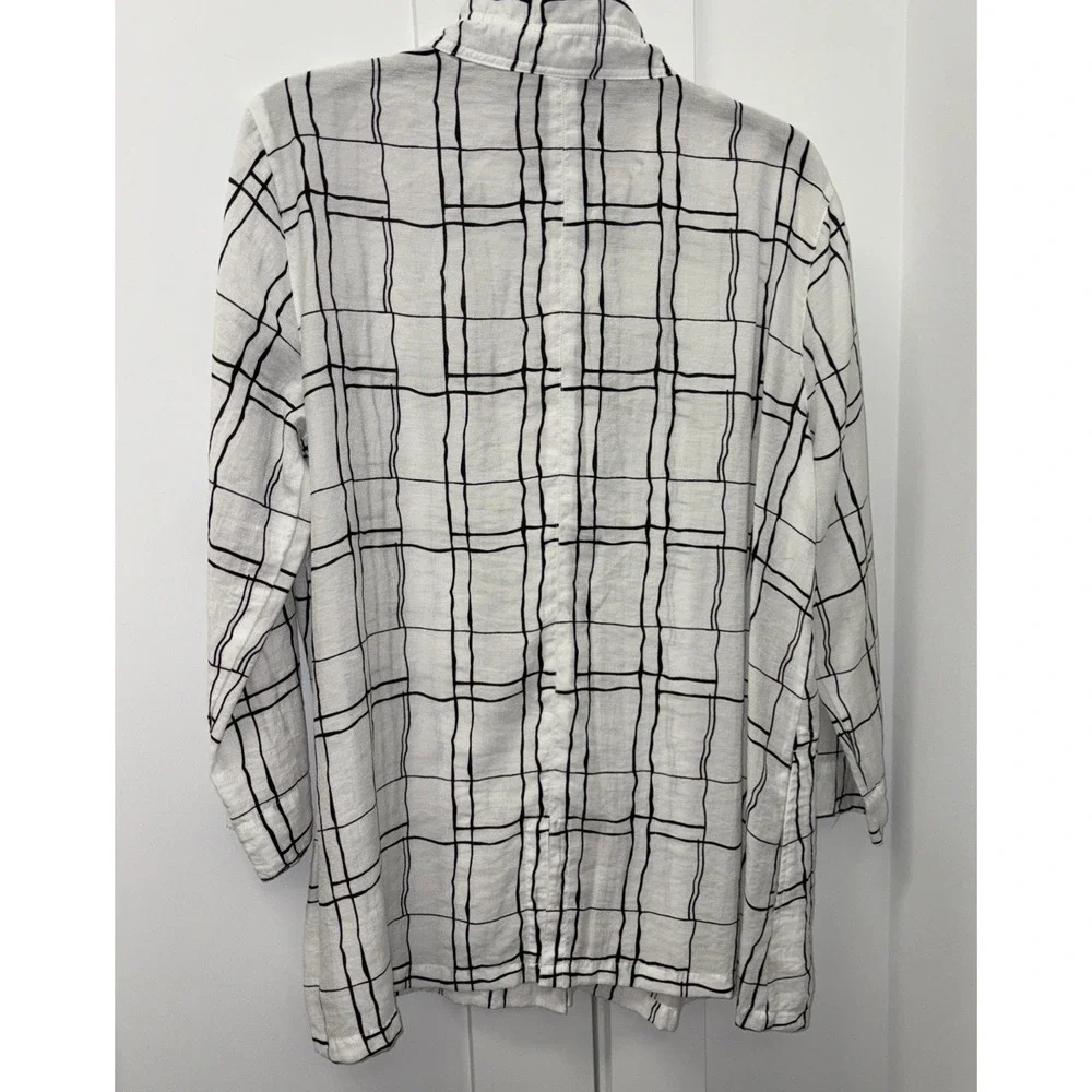 Ali Miles Women's Large Abstract White Black Plaid Button Up Artsy Lagenlook